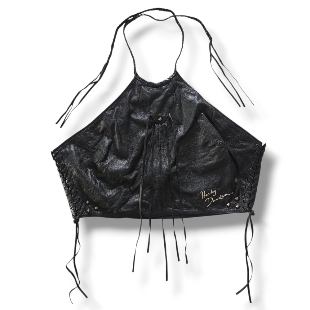 Harley Davidson Vtg Y2k Black Genuine Leather Fringe Halter Top XL